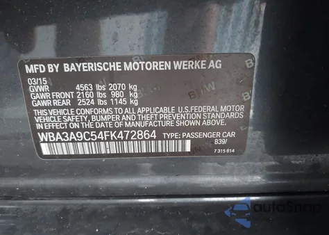 2015 BMW 335I z USA, uszkodzony, nr VIN WBA3A9C54FK472864